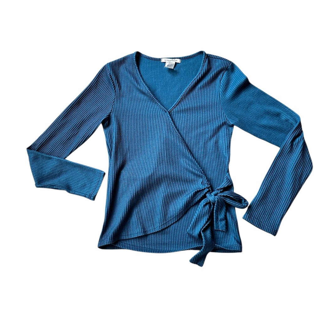 CAUTION TO THE WIND FAUX WRAP RIBBED KNIT LONG SLEEVE